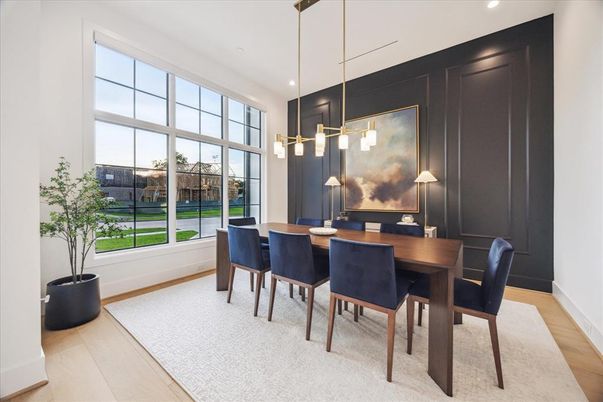 Dining room, Interior, Pendant Lights, Recessed Lighting, Wood Texture Flooring