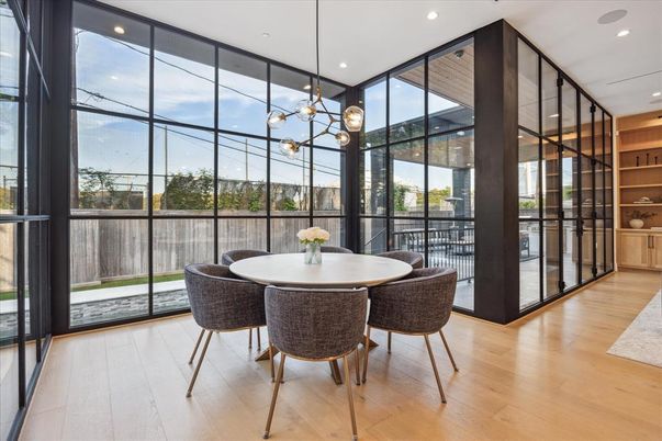 Dining room, Interior, Pendant Lights, Recessed Lighting, Wood Texture Flooring