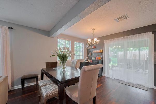 Chandelier, Dining room, Interior, Wood Texture Flooring