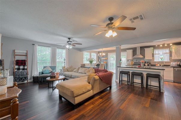 Chandelier, Dining room, Interior, Kitchen, Living room, Pendant Lights, Wood Texture Flooring