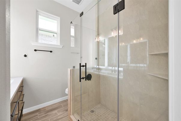 Bathroom, Glass Shower, Interior, Wood Texture Flooring