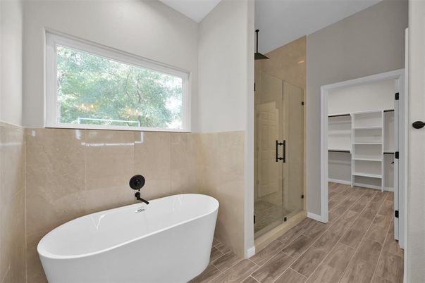 Bathroom, Free Standing Baths, Glass Shower, Interior, Wood Texture Flooring