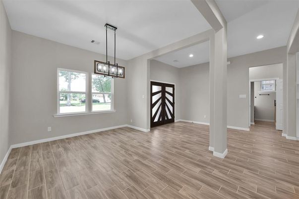 Empty room, Interior, Pendant Lights, Recessed Lighting, Wood Texture Flooring