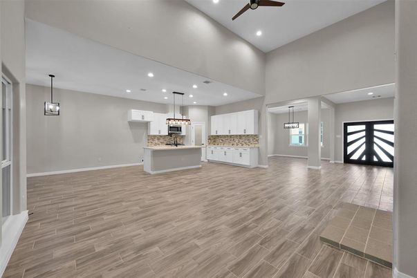 Empty room, Interior, Kitchen, Pendant Lights, Recessed Lighting, Wood Texture Flooring
