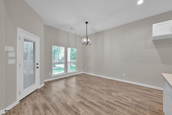 Empty room, Interior, Pendant Lights, Recessed Lighting, Wood Texture Flooring