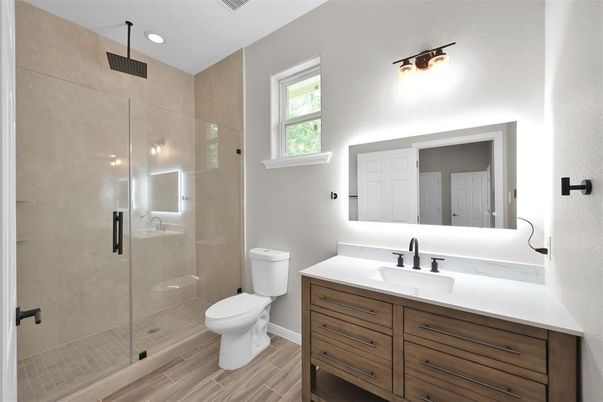 Bathroom, Glass Shower, Interior, Recessed Lighting, Wood Texture Flooring