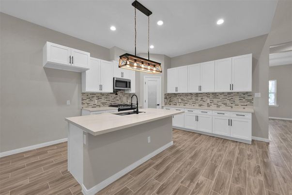 Interior, Kitchen, Pendant Lights, Recessed Lighting, Wood Texture Flooring