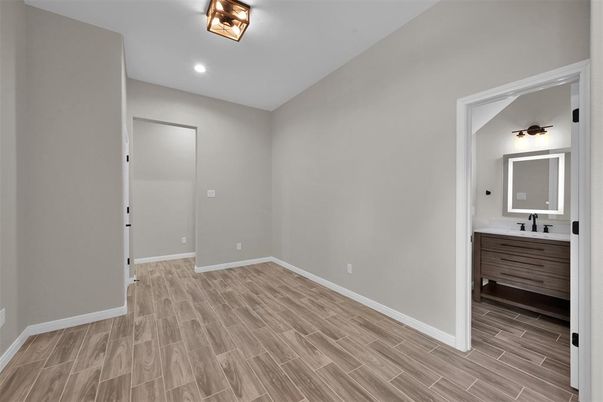 Bathroom, Empty room, Interior, Recessed Lighting, Wood Texture Flooring