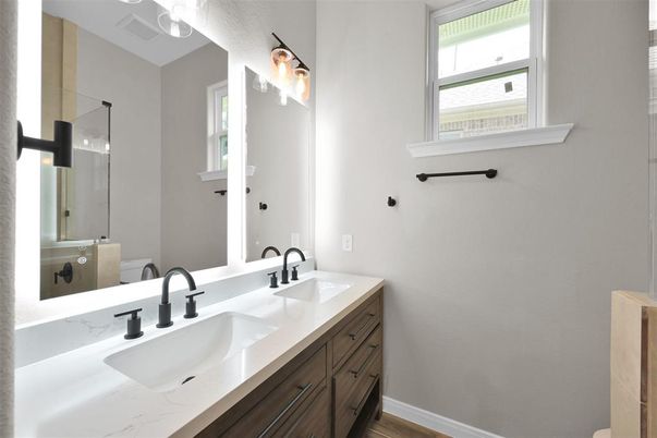 Bathroom, Dual Sink Vanities, Interior, Wood Texture Flooring