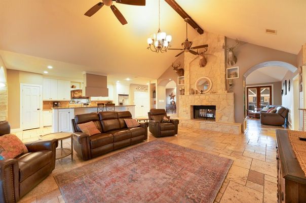 Chandelier, Fireplace, Interior, Kitchen, Living room, Recessed Lighting