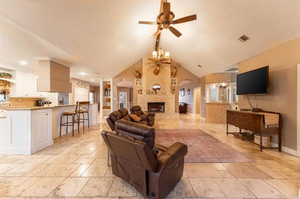 Chandelier, Fireplace, Interior, Kitchen, Living room, Recessed Lighting