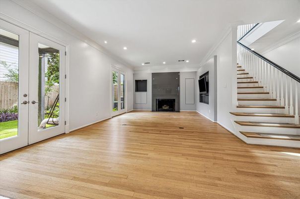 Empty room, Fireplace, Interior, Recessed Lighting, Wood Texture Flooring