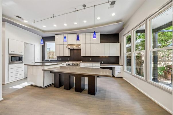 Interior, Kitchen, Pendant Lights, Recessed Lighting, Stainless Steel Appliances, Wood Texture Flooring