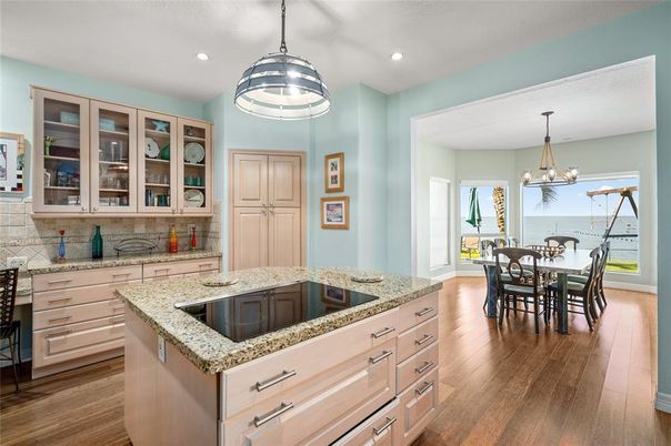 Dining room, Interior, Pendant Lights, Recessed Lighting, Water, Wood Texture Flooring