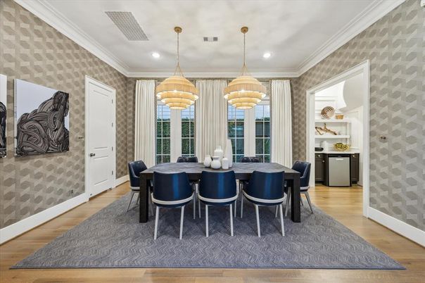 Chandelier, Dining room, Interior, Pendant Lights, Recessed Lighting, Wood Texture Flooring