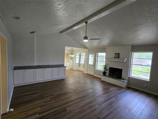 Empty room, Fireplace, Interior, Pendant Lights, Wood Texture Flooring