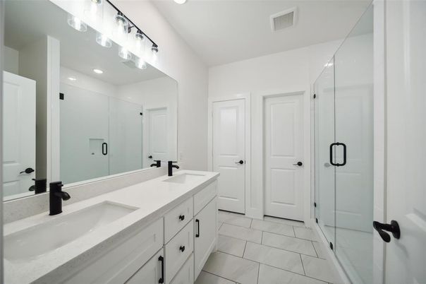 Bathroom, Dual Sink Vanities, Glass Shower, Interior, Recessed Lighting