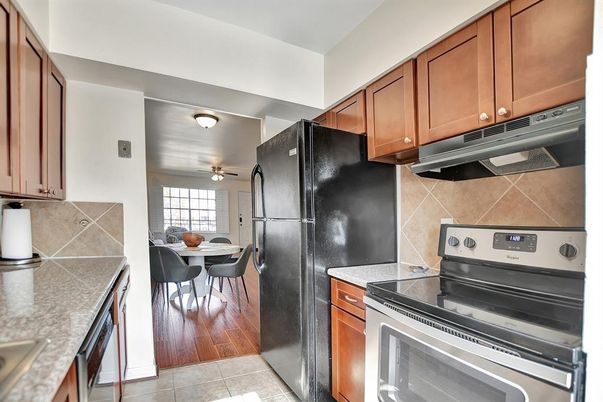 Dining room, Interior, Kitchen, Tile Countertops, Wood Texture Flooring