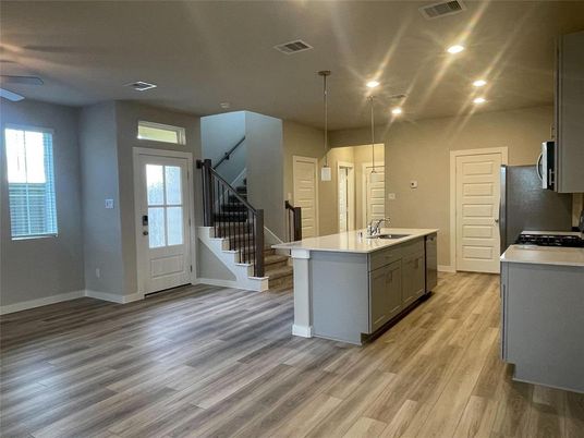 Interior, Kitchen, Pendant Lights, Recessed Lighting, Wood Texture Flooring