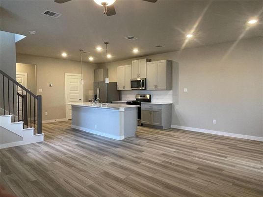 Interior, Kitchen, Pendant Lights, Recessed Lighting, Wood Texture Flooring