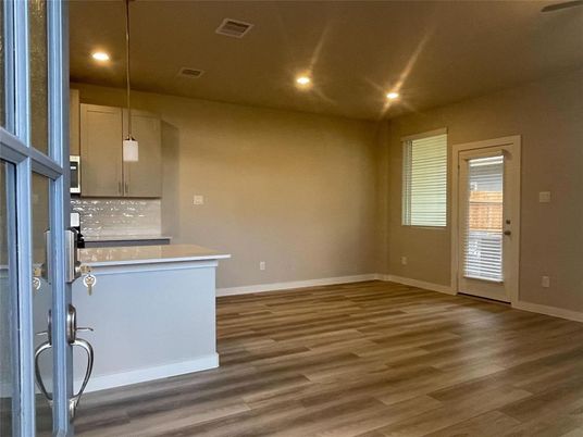 Empty room, Interior, Pendant Lights, Recessed Lighting, Wood Texture Flooring
