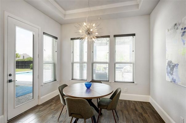 Dining room, Interior, Pendant Lights, Wood Texture Flooring