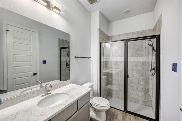 Bathroom, Glass Shower, Interior, Wood Texture Flooring
