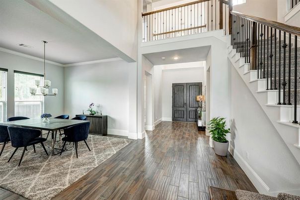 Dining room, Interior, Pendant Lights, Recessed Lighting, Wood Texture Flooring