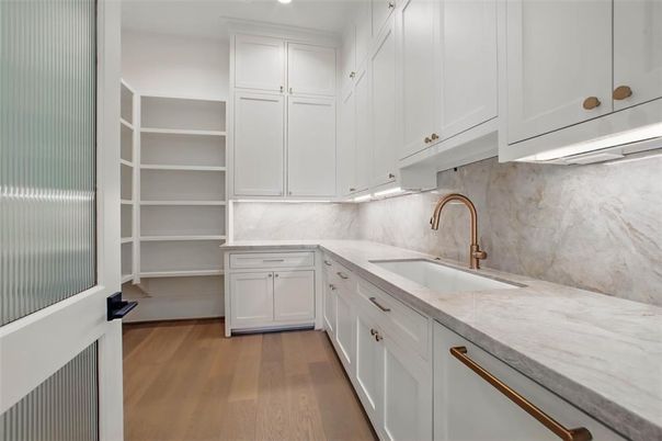 Interior, Kitchen, Marble Walls, Recessed Lighting, Wood Texture Flooring