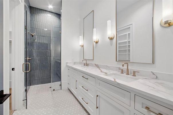 Bathroom, Dual Sink Vanities, Glass Shower, Interior, Recessed Lighting