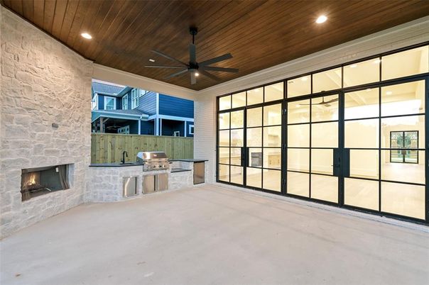 Fireplace, Interior, Recessed Lighting, Stone Walls, Wooden Ceilings