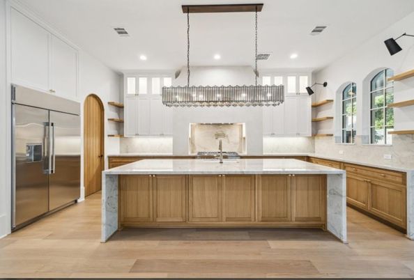 Chandelier, Interior, Kitchen, Recessed Lighting, Stainless Steel Appliances, Wood Texture Flooring
