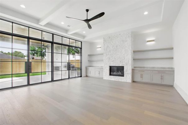 Empty room, Fireplace, Interior, Recessed Lighting, Wood Texture Flooring