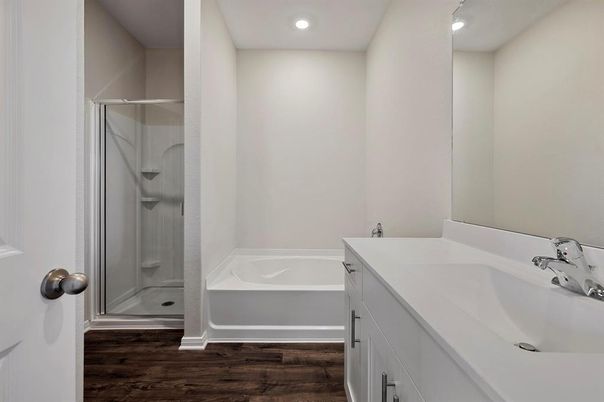 Bathroom, Glass Shower, Interior, Recessed Lighting, Wood Texture Flooring