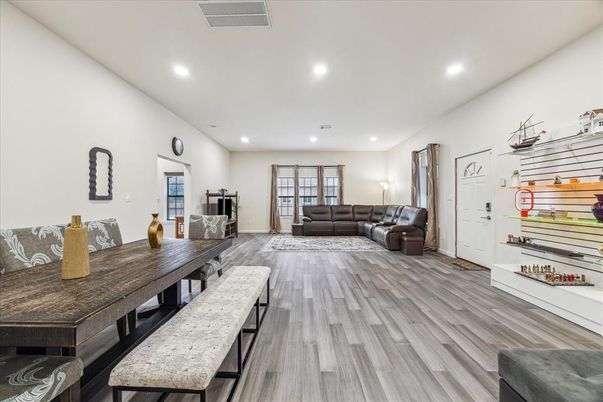 Dining room, Interior, Living room, Recessed Lighting, Wood Texture Flooring