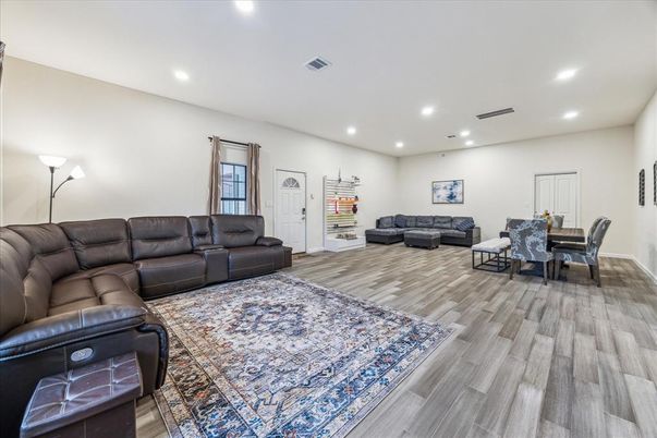 Dining room, Interior, Living room, Recessed Lighting, Wood Texture Flooring