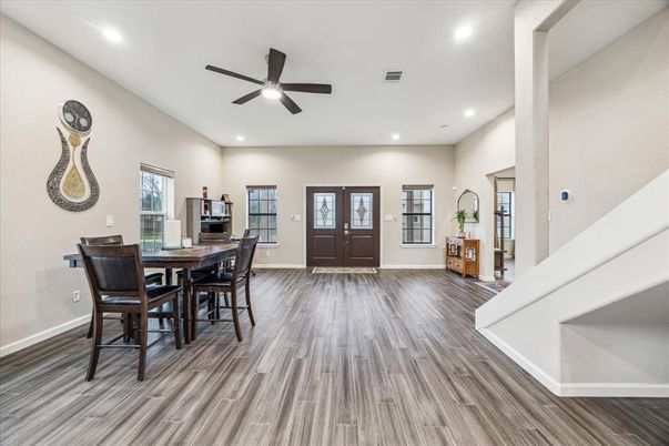 Dining room, Interior, Recessed Lighting, Wood Texture Flooring