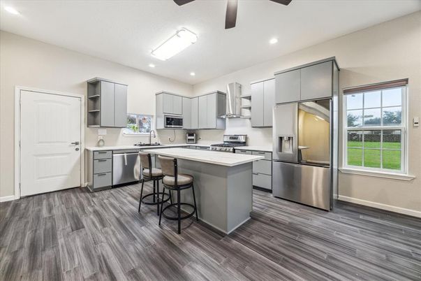 Interior, Kitchen, Recessed Lighting, Stainless Steel Appliances, Wood Texture Flooring