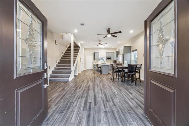 Dining room, Interior, Kitchen, Recessed Lighting, Wood Texture Flooring