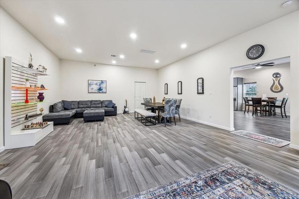 Dining room, Interior, Living room, Recessed Lighting, Wood Texture Flooring