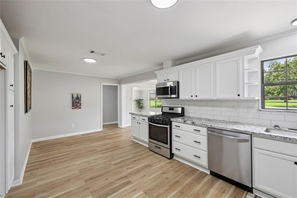 Interior, Kitchen, Recessed Lighting, Stainless Steel Appliances, Wood Texture Flooring