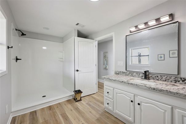 Bathroom, Interior, Recessed Lighting, Wood Texture Flooring