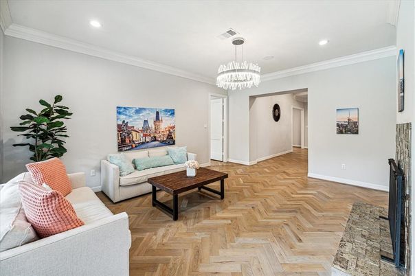 Chandelier, Interior, Living room, Recessed Lighting, Wood Texture Flooring