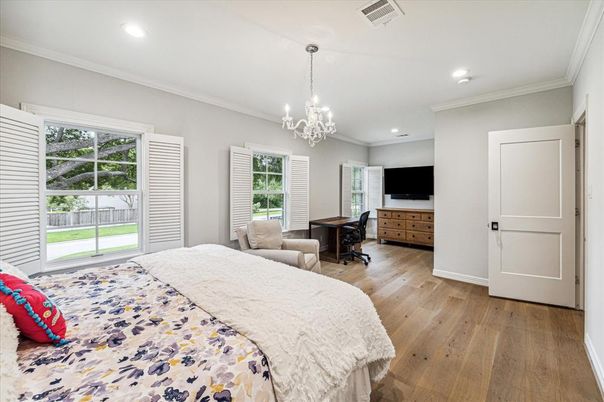 Bedroom, Chandelier, Home Office, Interior, Recessed Lighting, Wood Texture Flooring