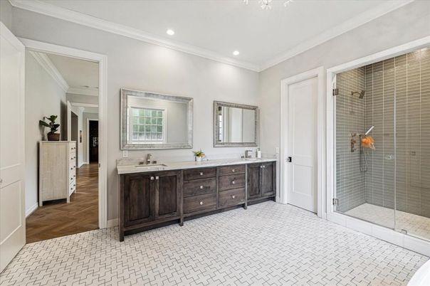 Bathroom, Dual Sink Vanities, Glass Shower, Interior, Recessed Lighting, Wood Texture Flooring