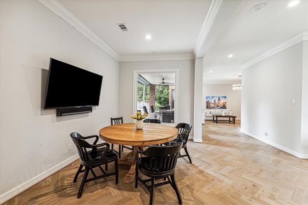 Dining room, Interior, Pendant Lights, Recessed Lighting, Wood Texture Flooring