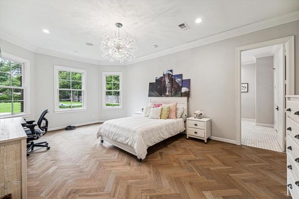 Bedroom, Chandelier, Home Office, Interior, Recessed Lighting, Wood Texture Flooring