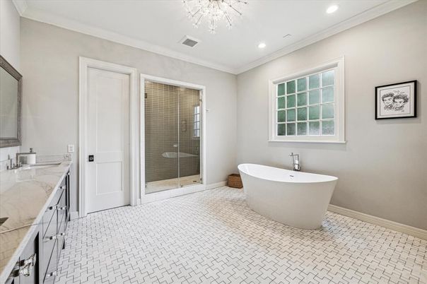 Bathroom, Free Standing Baths, Glass Shower, Interior, Recessed Lighting