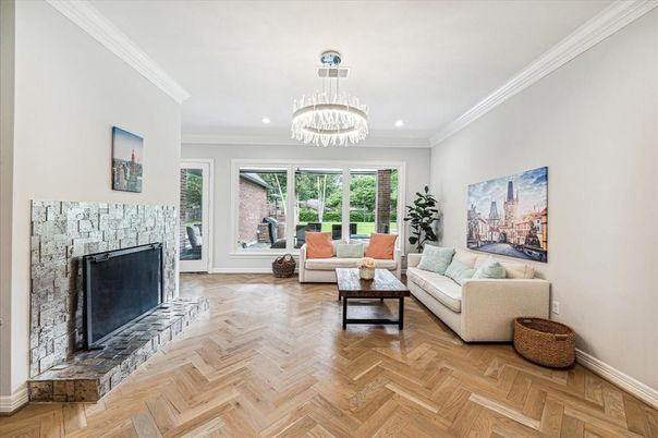 Chandelier, Fireplace, Interior, Living room, Recessed Lighting, Wood Texture Flooring