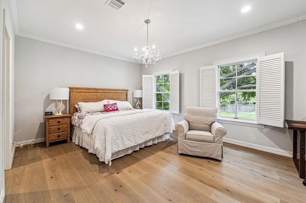 Bedroom, Chandelier, Interior, Recessed Lighting, Wood Texture Flooring